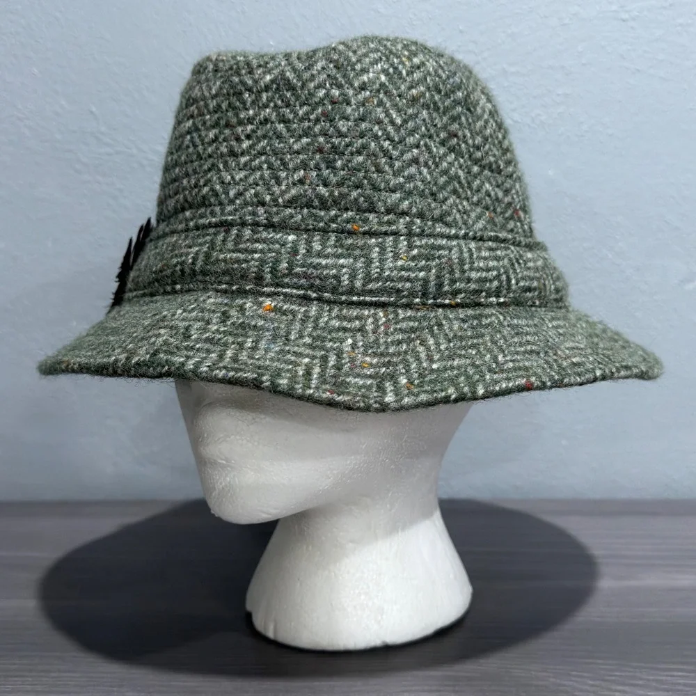 Vtg Hanna Hats Donegal Ireland Green Herringbone Wool Walking Hat Feather Mens M